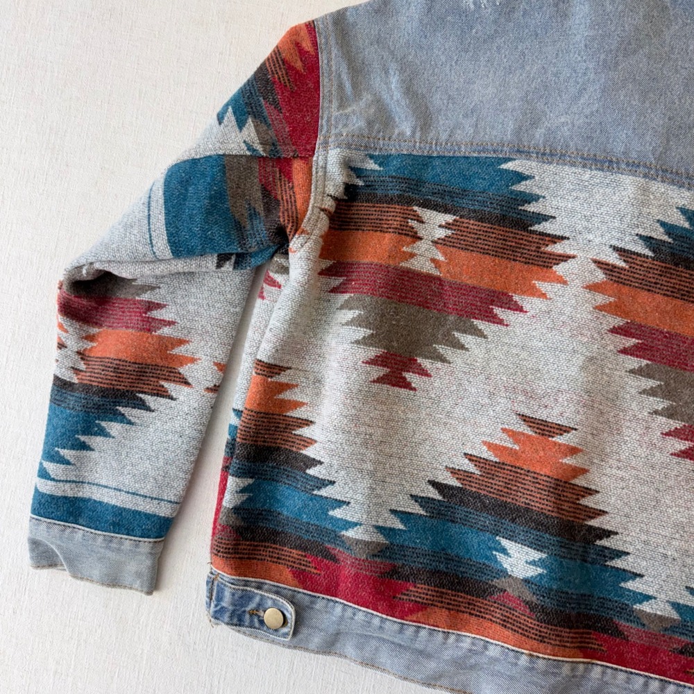 Polagram Aztec Tapestry Denim Jacket Oversized Southwestern Women Small Blue - Picture 11 of 11